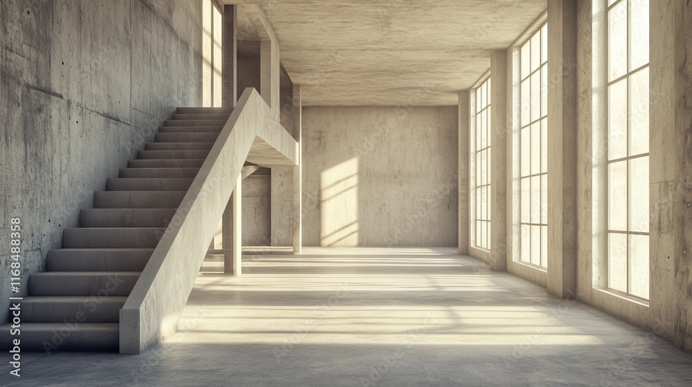 Sunlit empty concrete loft interior with stairs. Sunlit empty concrete loft interior with stairs.