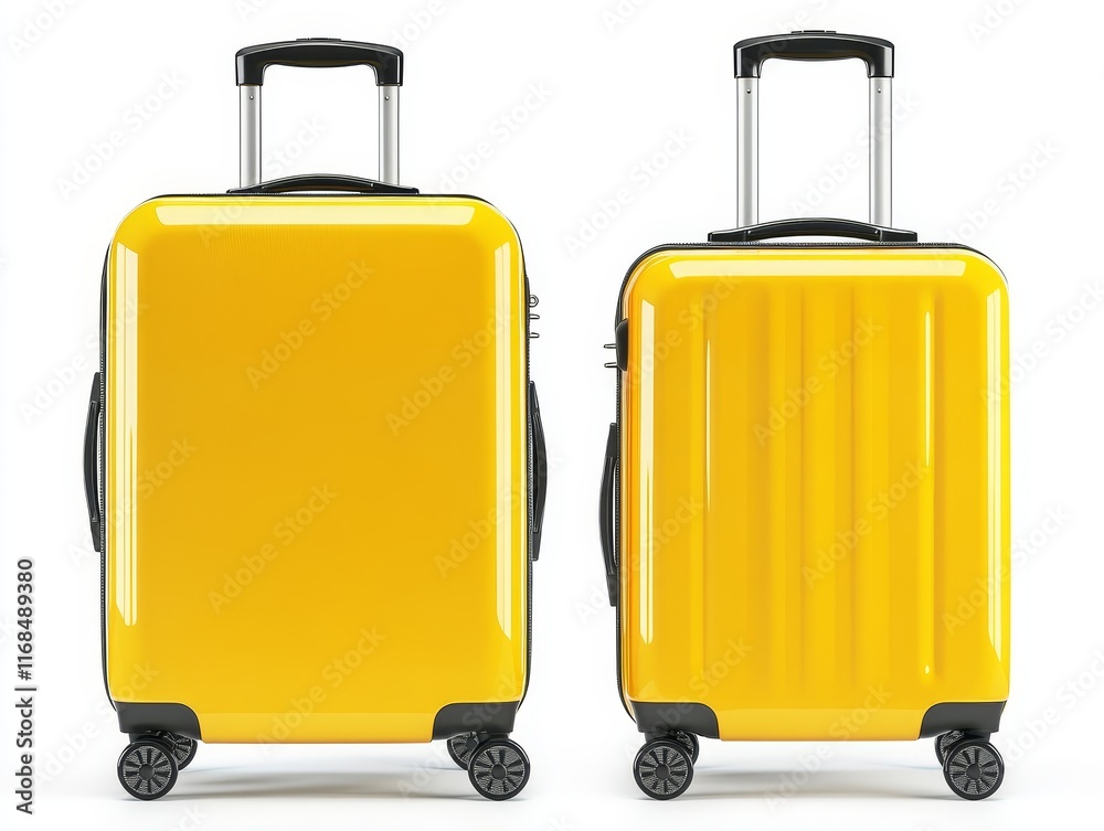 Two yellow carry-on suitcases, one smooth, one ribbed, isolated on white. Two yellow carry-on suitcases, one smooth, one ribbed, isolated on white.