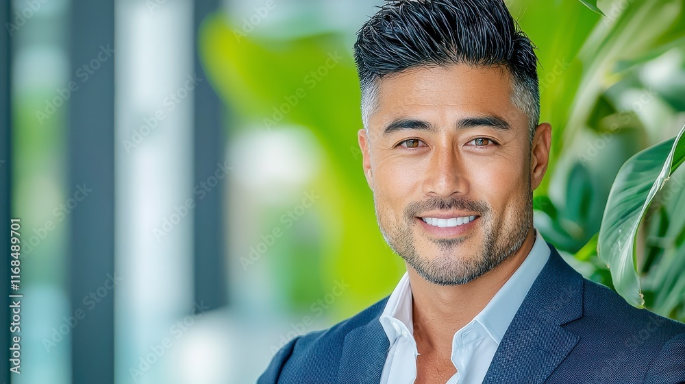 Confident Businessman Smiling with Green Plants in Background Confident Businessman Smiling with Green Plants in Background
