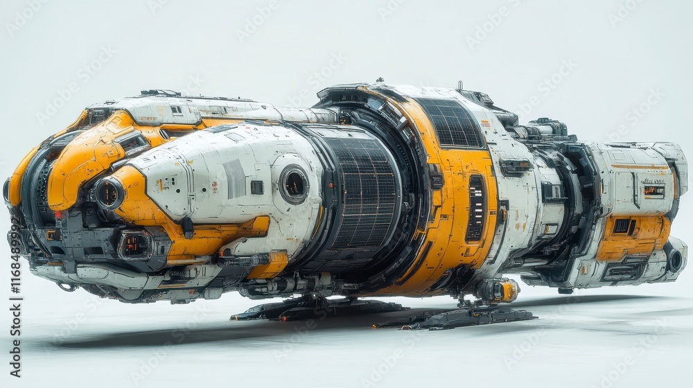 Futuristic spaceship, white, yellow, detailed design, isolated on white background. Futuristic spaceship, white, yellow, detailed design, isolated on white background.