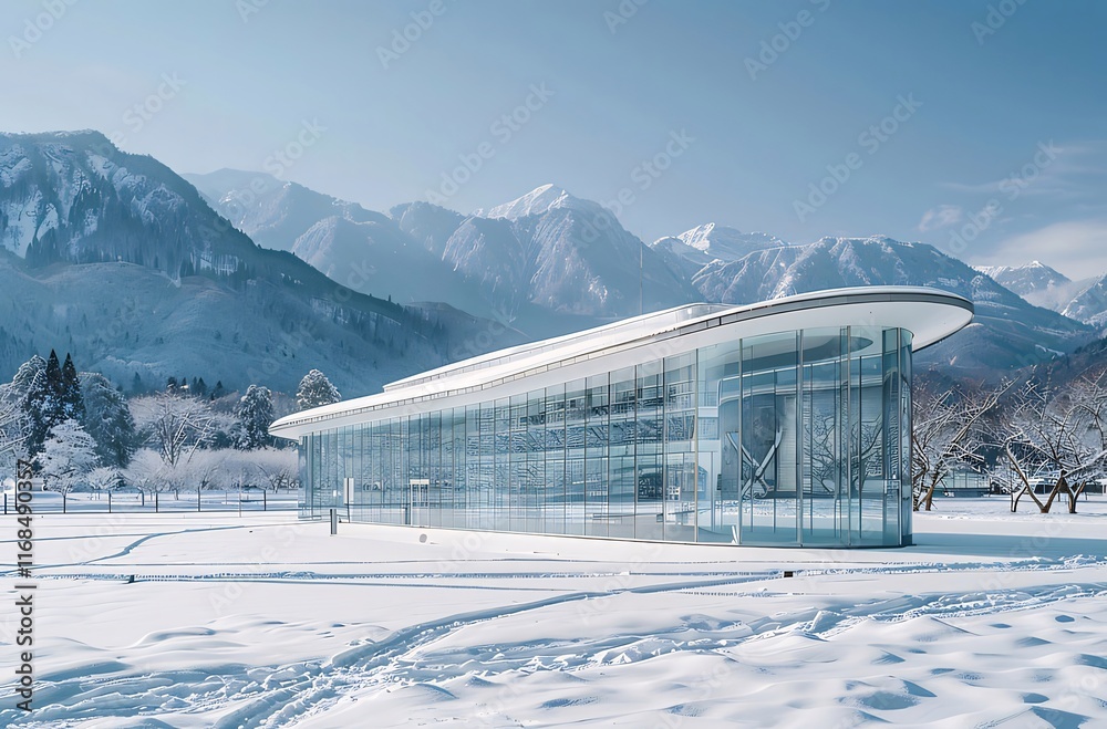Modern glass building in snowy mountain landscape. (2) Modern glass building in snowy mountain landscape. (2)