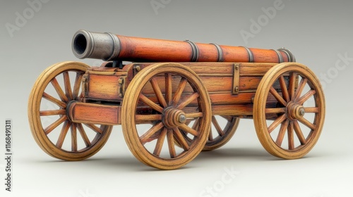 Wooden cannon model on wheels, detailed craftsmanship, historical artifact.