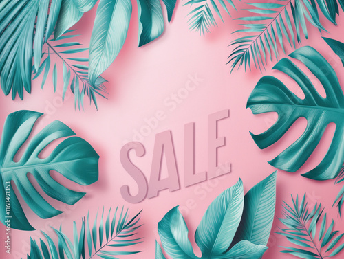 Eye-catching super sale banner with pink and cyan colors and palm leaves design. Ideal for showcasing discounts and special offers in a stylish manner.