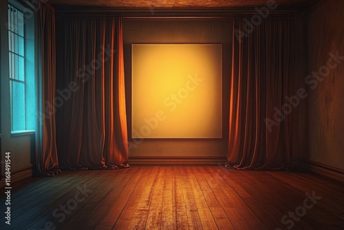 A dimly lit- empty room with Roman curtains- a blank wall- and wooden flooring serves as an abstract indoor setting for a game or cartoon- evoking a sense of mystery and potential for creative storyte photo