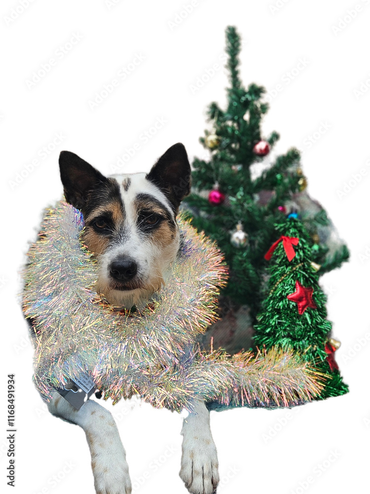 Adopt dog wearing with festive ornate and decoration with Christmas tree background