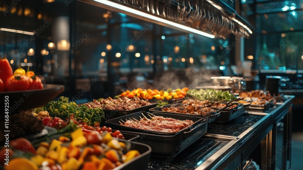 Buffet display with a variety of grilled dishes and vegetables