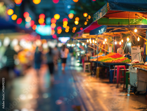 An abstractly blurred traditional market in Taiwan merges with roadside elements in the background, featuring blurred channels and design elements illuminated by bokeh lights.