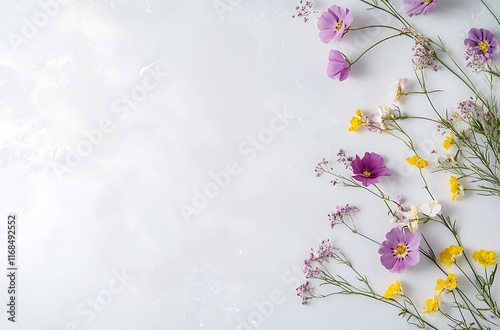 light blue spring summer background is decorated with purple and yellow flowers