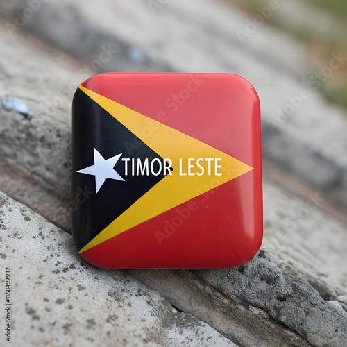 a small square object with the flag of Timor Leste on it, placed on a rough, wooden surface photo