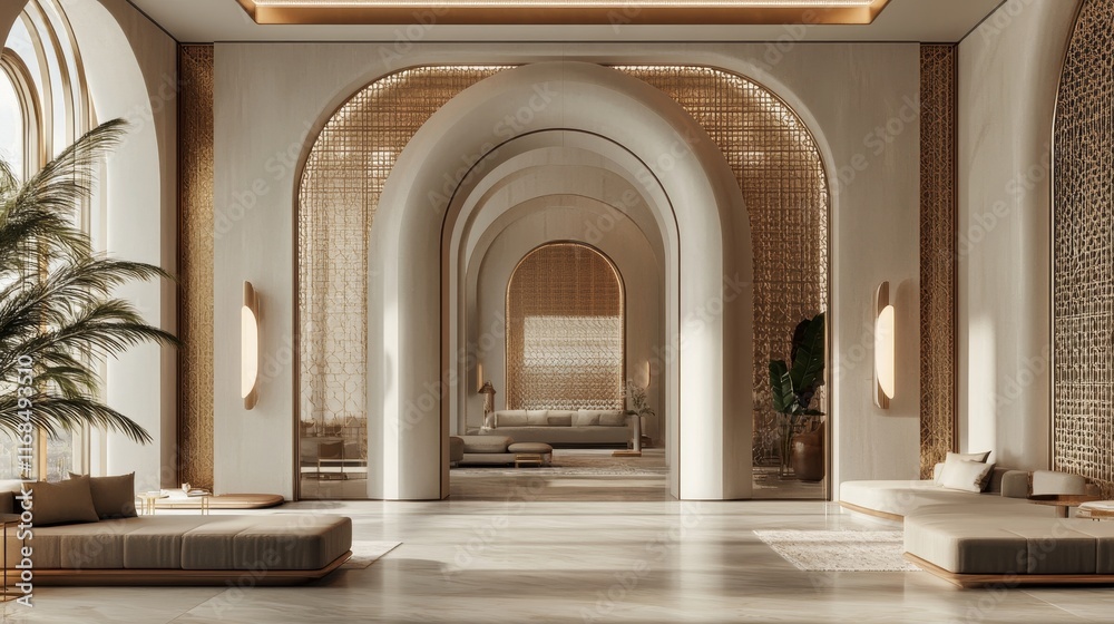 Luxurious arched hallway with beige seating and marble floor. Luxurious arched hallway with beige seating and marble floor.