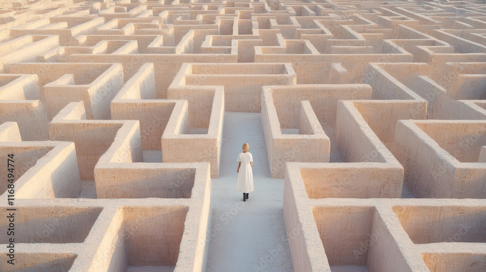© Thitiporn - The Labyrinth of Life: A lone figure navigates a vast, intricate maze, symbolizing the complexities and uncertainties of life's journey. The path forward is obscured. © Thitiporn - The Labyrinth of Life: A lone figure navigates a vast, intricate maze, symbolizing the complexities and uncertainties of life's journey. The path forward is obscured.