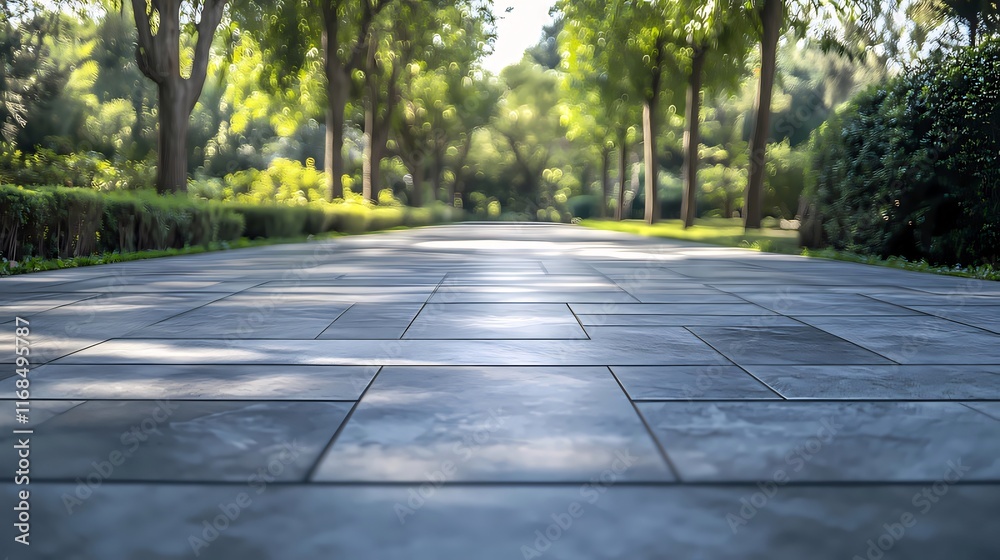 Sunlit paved pathway through lush green park. Sunlit paved pathway through lush green park.