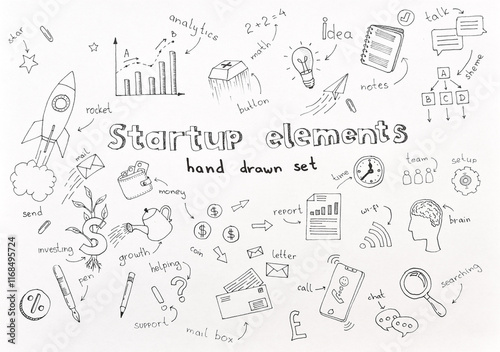 Startup elements hand draw set icon illustration