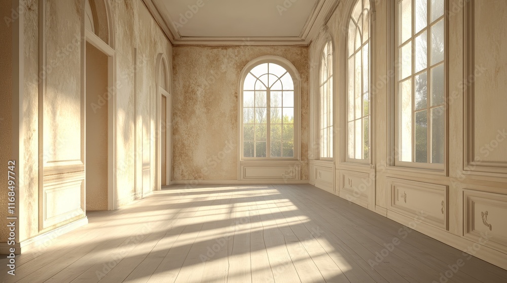 Sunlit empty room with arched windows, ornate moldings, and hardwood floors. Sunlit empty room with arched windows, ornate moldings, and hardwood floors.