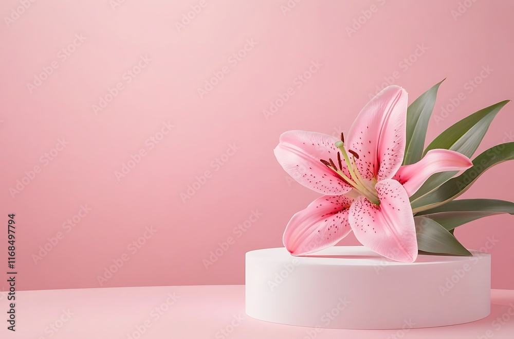 Pink spring summer background with an empty white podium and a pink lily flower Pink spring summer background with an empty white podium and a pink lily flower