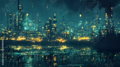 Wallpaper Mural A city skyline is lit up at night with a dark sky in the background. The city is lit up with neon lights and the sky is filled with stars Torontodigital.ca