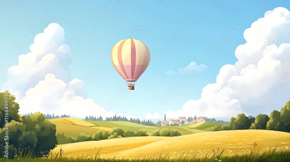 Obraz premium Hot air balloon over a sunny rural landscape.