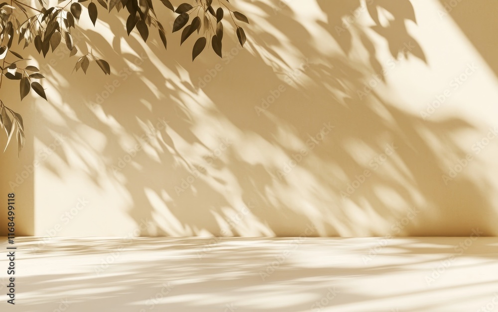 Obraz premium Beige wall with leaf shadows and empty floor.