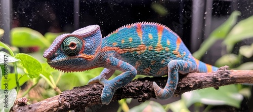 Vibrant chameleon perched on a branch amidst lush green foliage. photo