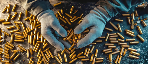 Hands work carefully with rifle cartridges on a rustic black table surrounded by an array of 5.56mm bullets glistening in light photo