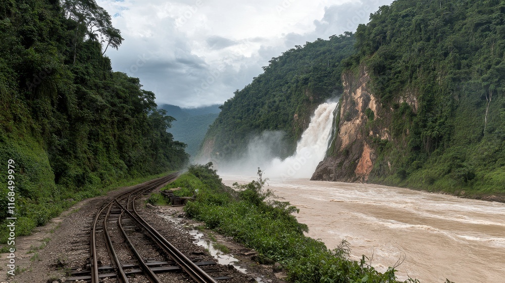Fototapeta premium Scenic Tracks by the Waterfall with Mist and Jungle