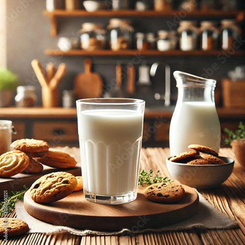 Milk and biscuit cookies with chocolate. A tasty treat on the table in a cozy kitchen. Warm and cozy atmosphere. Advertising banner.