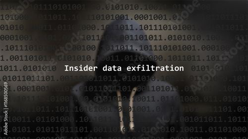 Cyber attack insider data exfiltration text in foreground screen, anonymous hacker hidden with hoodie in the blurred background. Vulnerability text in binary system code on editor program. photo