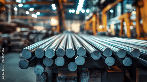 Steel hexagonal rods shine on the factory floor, highlighting their sleek surfaces in a vibrant industrial setting photo