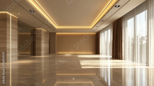 Simple modern room with spacious space, metal features, high ceilings and bright lighting is designed for a variety of uses.