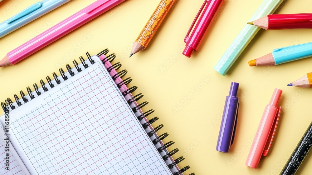 Colorful stationery items arranged around a blank notebook. Colorful stationery items arranged around a blank notebook.
