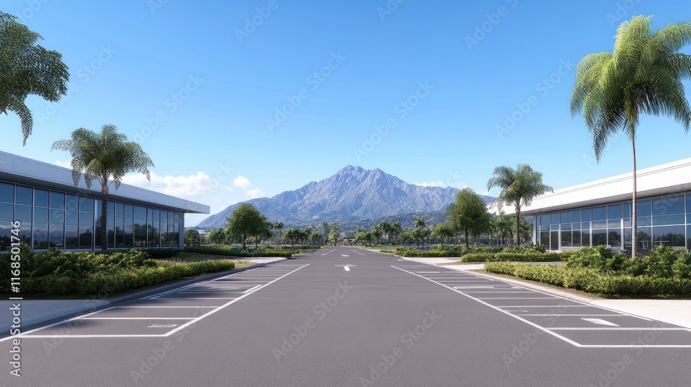 A serene business park with a mountain backdrop and palm trees. A serene business park with a mountain backdrop and palm trees.