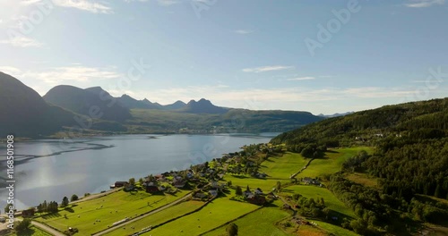 Seafront Village Of Gratangen Town At Summer In Troms County, Norway. Aerial Drone Shot photo