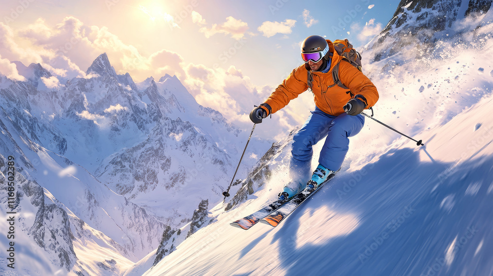 Experience the thrill of skiing down a breathtaking slope with snowy mountains and bright sun rays illuminating the adventure Experience the thrill of skiing down a breathtaking slope with snowy mountains and bright sun rays illuminating the adventure