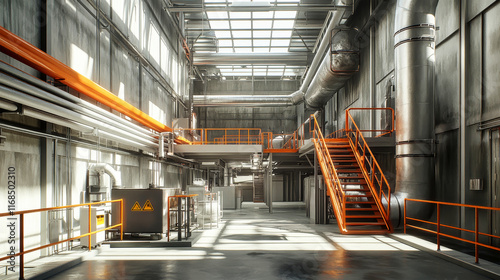 Industrial factory interior showcasing intricate machinery and vibrant safety features with an expansive layout photo