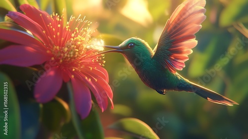 Hummingbird sipping nectar from a vibrant flower.