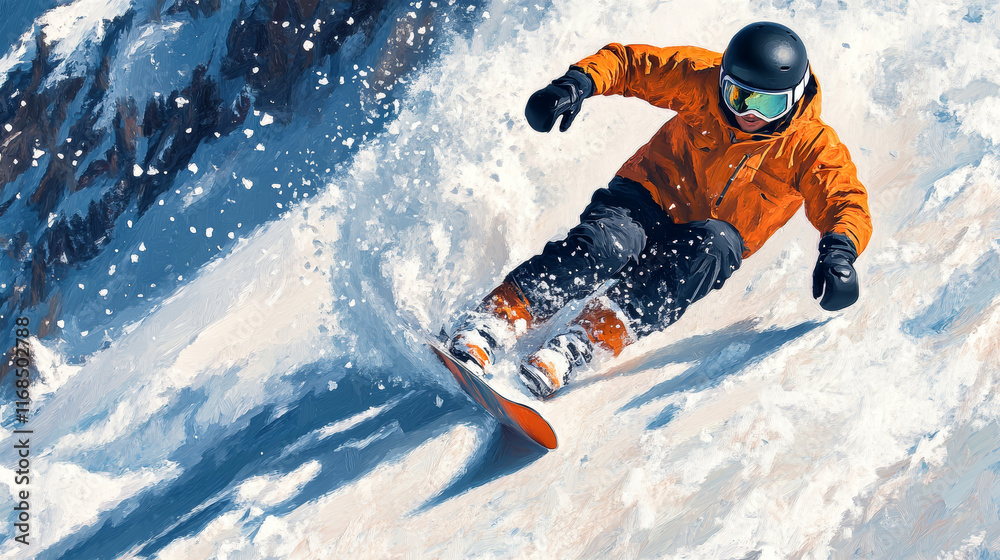 Snowboarder speeds down a majestic mountainside in a swirl of snowflakes against a backdrop of winter beauty Snowboarder speeds down a majestic mountainside in a swirl of snowflakes against a backdrop of winter beauty