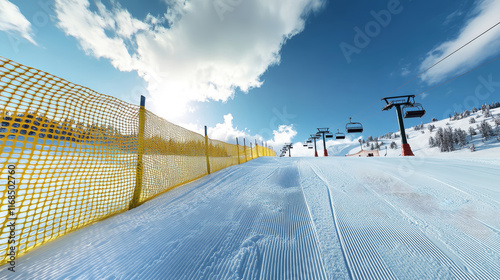 Ski racing thrills as a young skier conquers a slalom course in a breathtaking alpine resort under a bright winter sky photo