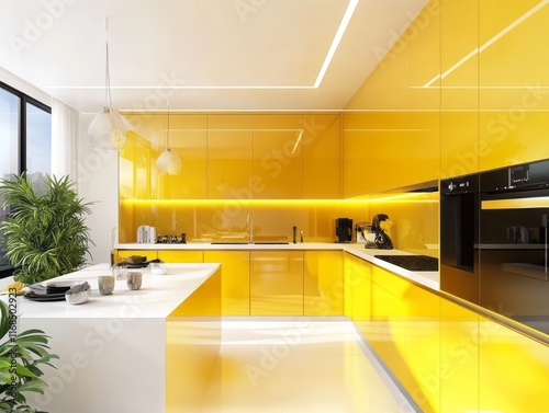 Modern Yellow Kitchen Island Design with White Countertop