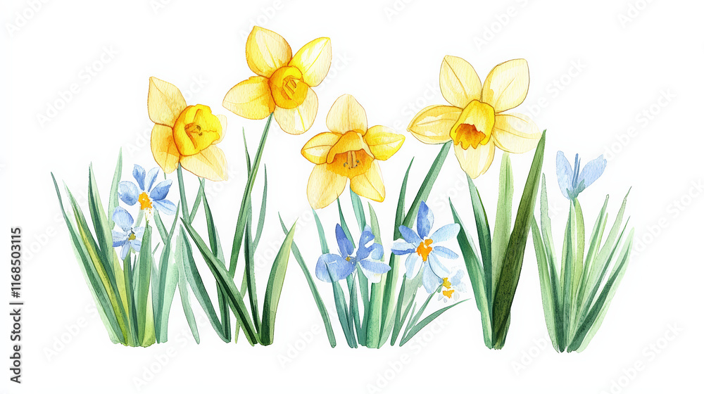 Fototapeta premium Bright watercolor painting of spring flowers with daffodils and blue blooms