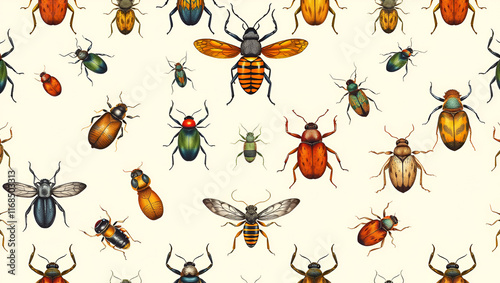 Bugs seamless pattern featuring detailed, entomological illustrations. Background seamless pattern. photo