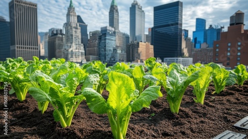 Vibrant Rooftop Garden with City Skyline Background photo