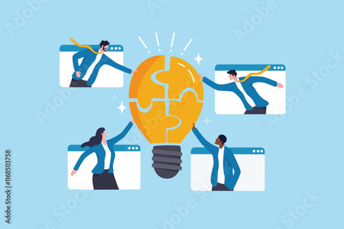 Team idea, teamwork solving problem, office meeting discussion brainstorm, innovation or creativity to success concept, business people staff, employees work together complete lightbulb jigsaw puzzle.