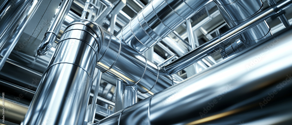 Intricate reflections in stainless steel pipes and technical tubes within an industrial space highlighting modern energy systems Intricate reflections in stainless steel pipes and technical tubes within an industrial space highlighting modern energy systems