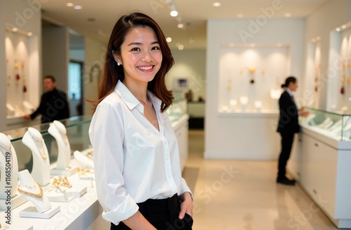 A woman in a jewelry store, smiling affably in a white shirt. Special offer, gift time. Stock photo