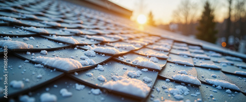 Glistening wet shingles on snow-free roof at sunset, seasonal thaw photo