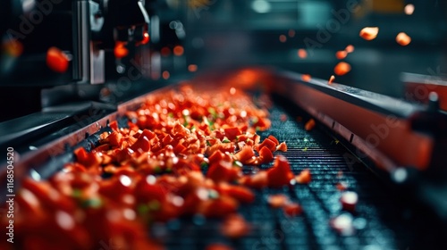 Fototapeta Naklejka Na Ścianę i Meble -  A close-up view of red fruits being processed on a conveyor belt in a factory setting, highlighting the vibrant colors and dynamic movement.