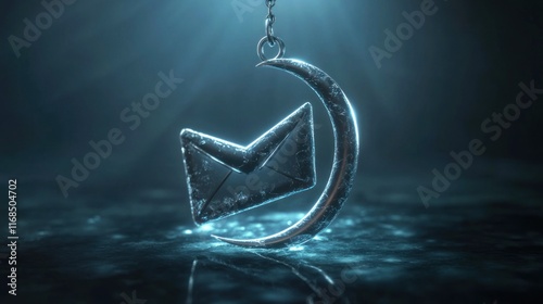 An illuminated envelope pendant suspended by a crescent moon