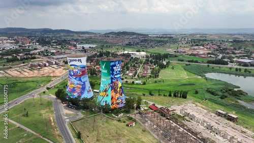 SOWETO, SOUTH AFRICA, aerial video footage flying left along painted Orlando Towers, chimneys at Soweto, a famous landmark of the township of Johannesburg, located next to Orlando Dam.  photo