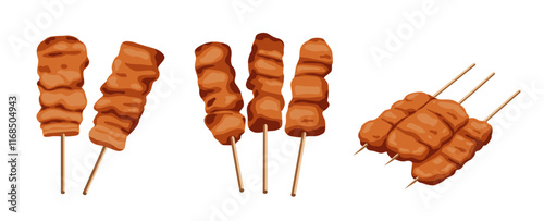Moo Ping,Pork marinated beef, then roastedisolated on white background. Vector eps 10.