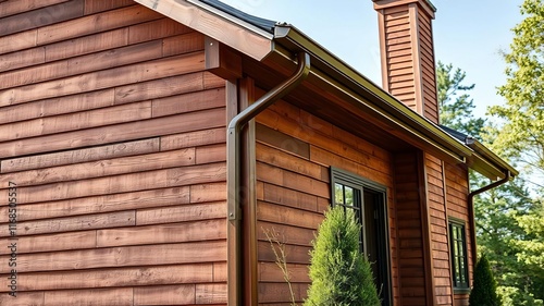 Contemporary home with cedar cladding and hidden gutters, seamless integration of modern design and natural materials, hidden gutters, seamless